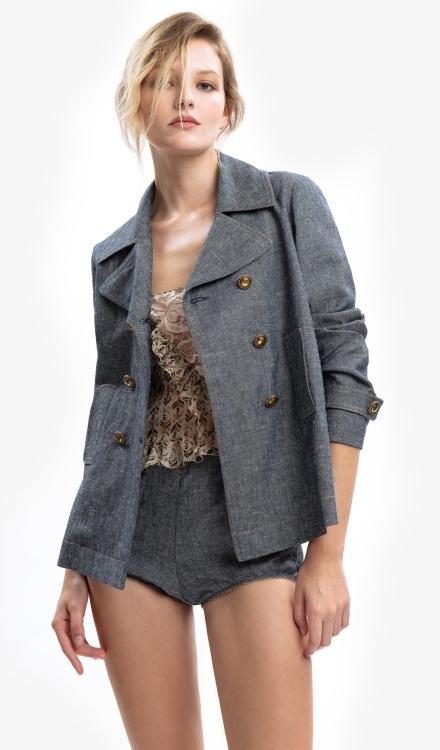 Blazer doppiopetto in lino effetto denim Azul