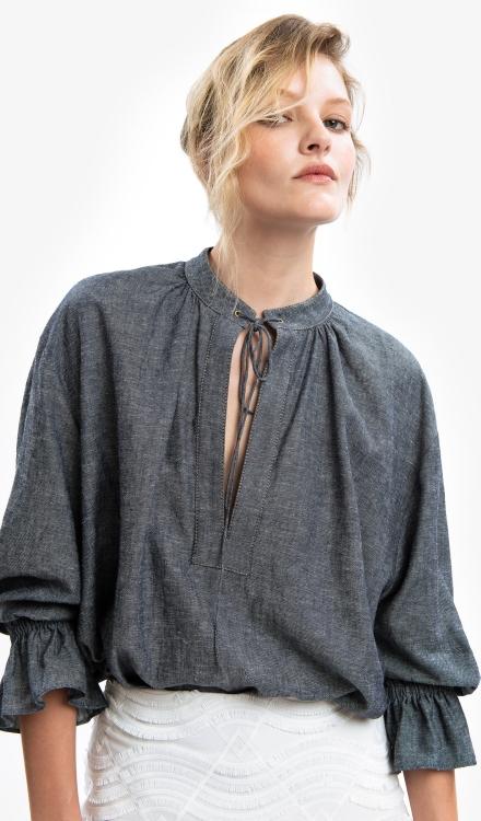 Blusa in lino effetto denim Azul